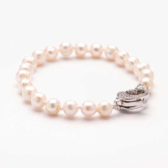 B-PS-1 7mm Semi Round White Pearl Pave Clasp Bracelet